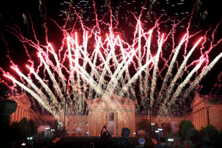 The fireworks explode over the Philadelphia Museum Art on July 4, 2018. This year's fireworks display was cancelled because of concerns about the coronavirus.