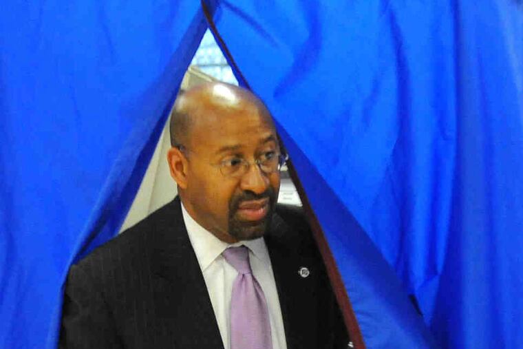 Mayor Nutter emerges after voting at John C. Anderson Cultural Center, in Overbrook, yesterday.