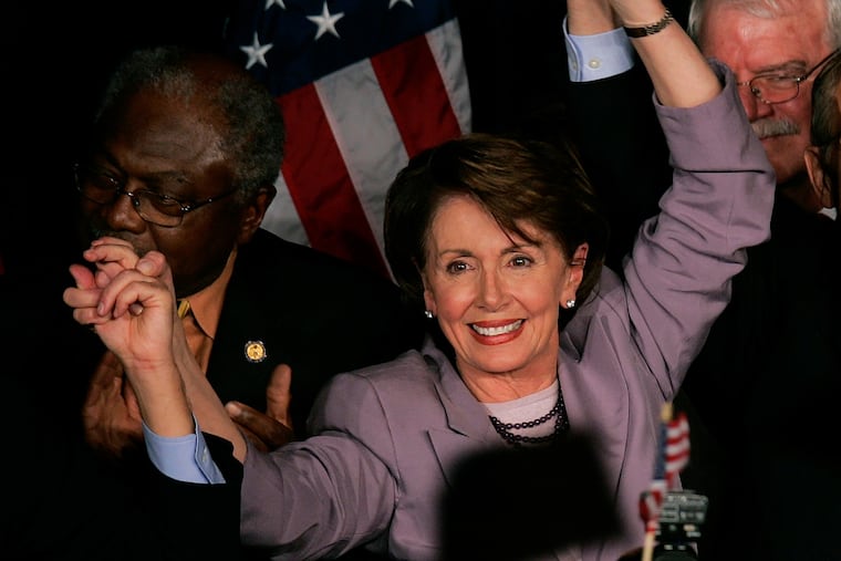 FILE — Rep. Nancy Pelosi (D-Calif.), center, celebrates with supporters in Washington, Nov. 7, 2006. In 2006, Democrats gained 31 House seats and installed Nancy Pelosi, who is now retiring, as the first woman speaker.