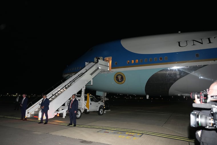 Air Force One sits on the tarmac as President Donald Trump switches planes at U.S. Air Force Base, RAF Mildenhall in Suffolk Eastern England, on his way back to Washington from the NATO summit in Ankara, Turkey ,Wednesday, July 8, 2026.