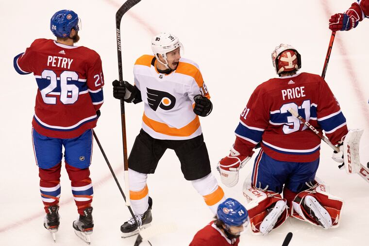Flyers center Tyler Pitlick (18) celebrates the team's second goal of the game against Montreal.