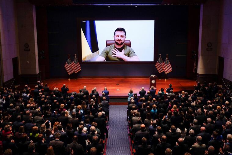 Ukrainian President Volodymyr Zelensky virtually addresses the U.S. Congress on March 16, 2022, at the U.S. Capitol Visitor Center Congressional Auditorium, in Washington, D.C.
