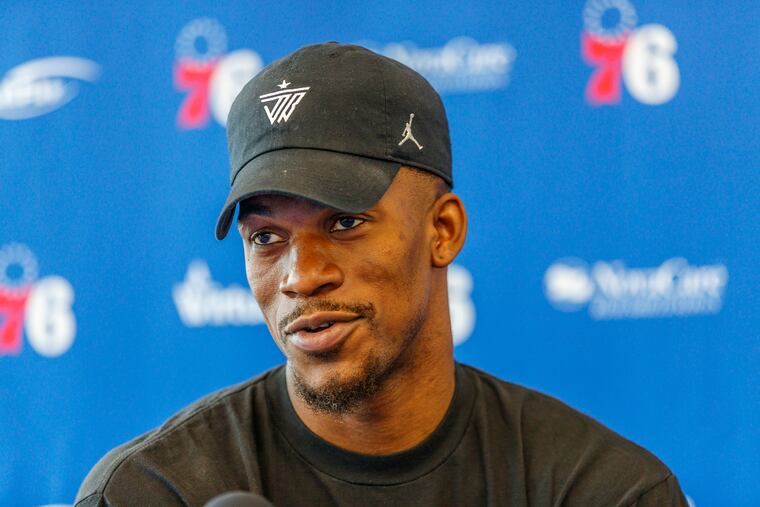 Philadelphia 76er Jimmy Butler talks about his season with the team on May 13, 2019. Philadelphia 76er basketball players talk to the media the day after being eliminated from the playoffs by Toronto.