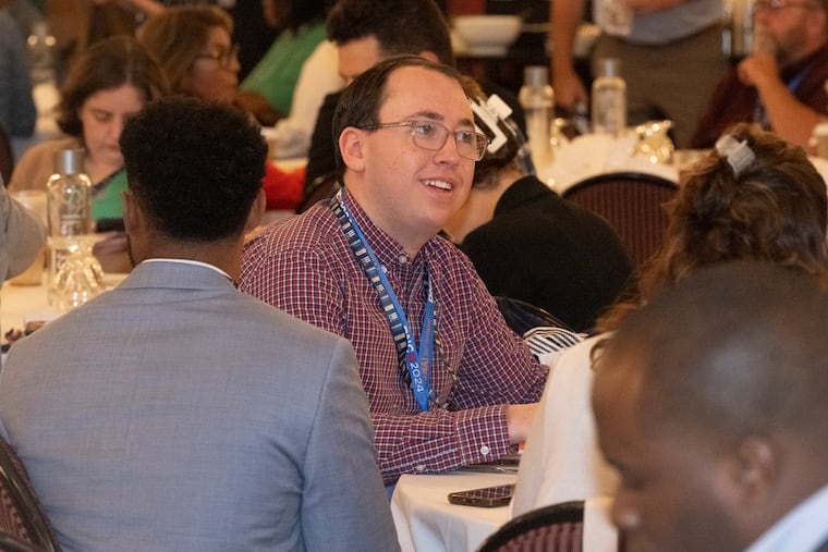Aidan Levinson interacts with Pennsylvania delegates on Tuesday, Aug 20, 2024 during the 2024 DNC in Chicago.