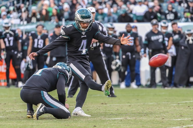 Eagle kicker Jake Elliott kicking a field goal in the win over the Chicago Bears earlier this month.