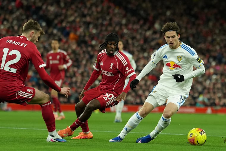 Brenden Aaronson (right) on the ball for Leeds United against Liverpool on Jan. 1.