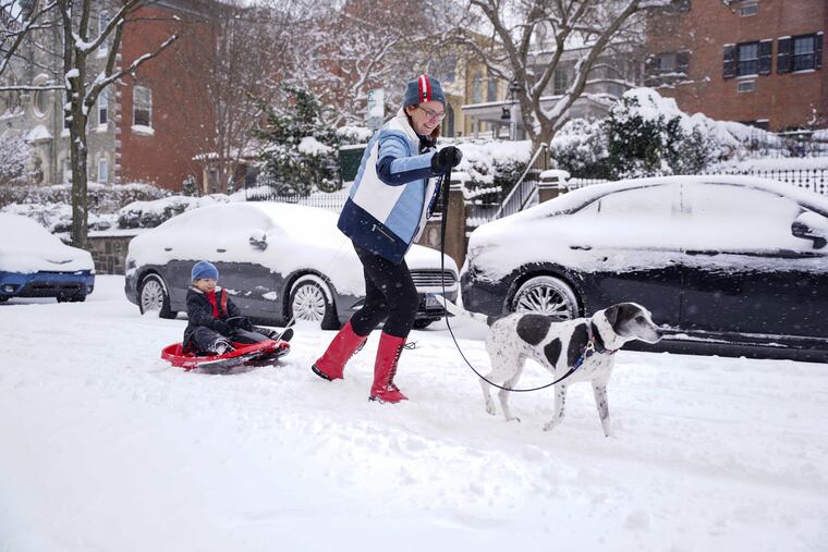 Barbara Delaney tows Jack Delaney, 5, on a sled and walks Ava, her dog, in Philadelphia, on Saturday. Sleds arrived on local store shelves just in time for Saturday's storm.
