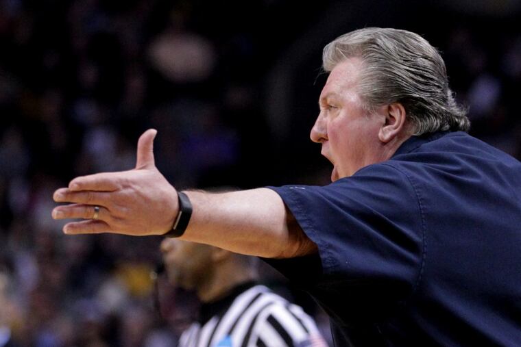 Head Coach Bob Huggins of West Virginia argues a foul called on one of his players during the East Regionals of the NCAA Tournament at TD Garden on March 23, 2018.