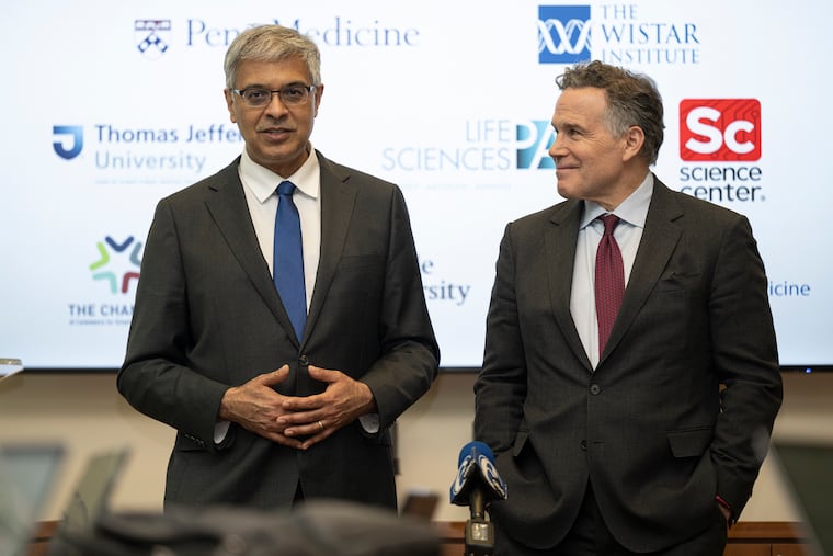 Jay Bhattacharya (left) and Sen. David McCormick after touring University of Pennsylvania facilities to highlight National Institutes of Health-funded research in Philadelphia.
