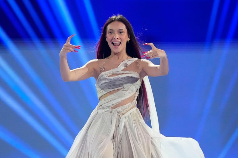 Eden Golan of Israel arrives on stage for the introducing of the artists during the dress rehearsal for the final at the Eurovision Song Contest in Malmo, Sweden.