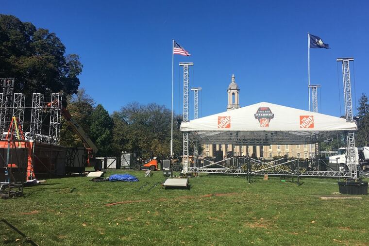 The GameDay set begins to take shape near Beaver Stadium. Photo by Jill Beckman / Staff