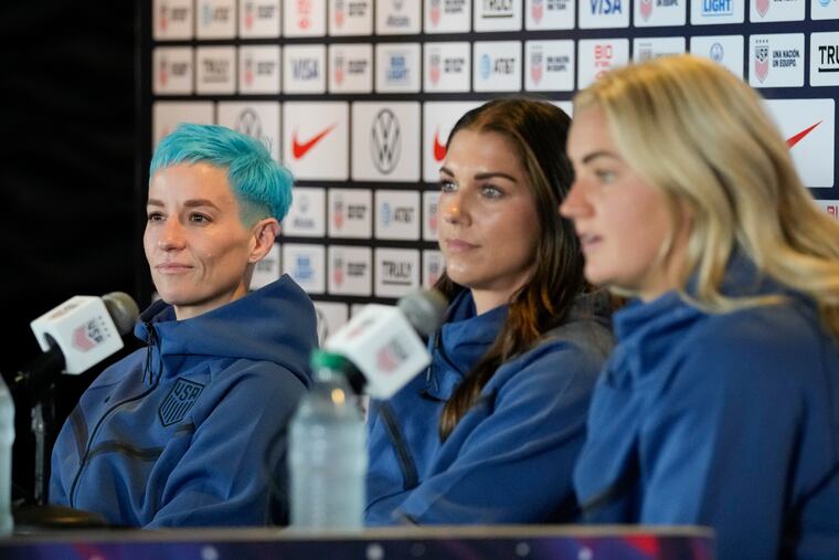 From left, Megan Rapinoe, Alex Morgan, and Lindsey Horan speak to reporters during the Women's World Cup media day for the United States women's national team on June 27.