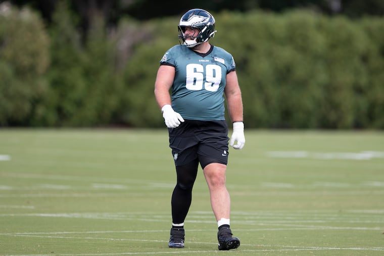 Eagles guard Landon Dickerson taking the field Wednesday during practice at the NovaCare Complex.