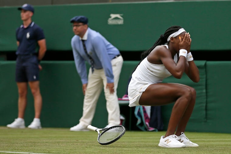 Coco Gauff reacts after beating Venus Williams on Monday.