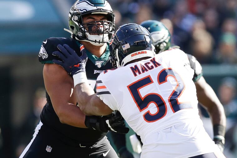 Eagles rookie offensive tackle Andre Dillard battles three-time All-Pro Khalil Mack in Sunday's win at the Linc. Has Dillard played well enough to hold on to the starting job when Jason Peters is healthy?