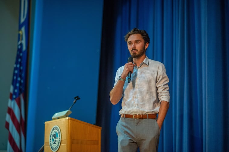 David Hogg speaks during a Q&A in Montgomery County focused on fighting right-wing extremism and electing more progressives Wednesday at Penndale Middle School in Lansdale.