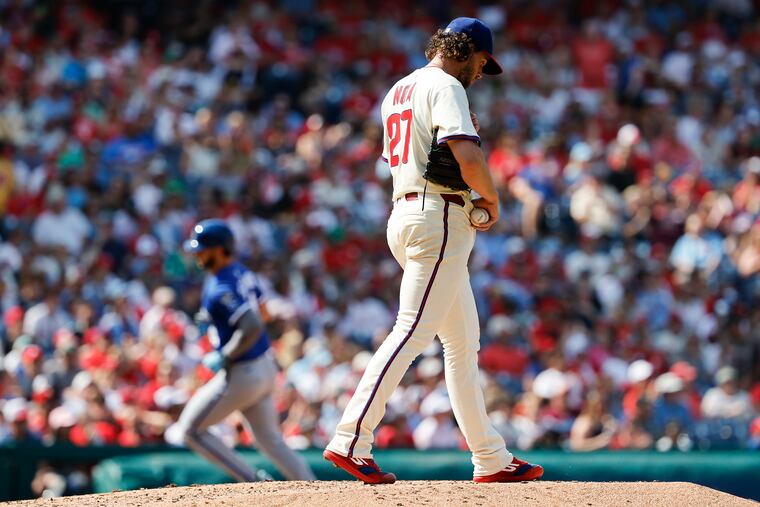 Phillies pitcher Aaron Nola wanders the mound after the Royals’ Jac Caglianone hit a two-run home run in the fifth inning on Sunday.