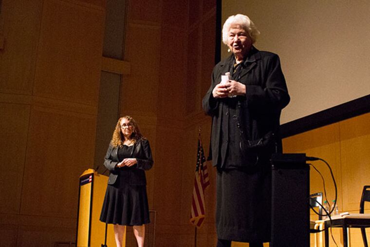 Holocaust survivor Judith Cohen Meisel (right) speaks to a group of high school students after a screening of the documentary about her life at the National Constitution Center in Philadelphia on Monday, April 28, 2014. ( COURTNEY MARABELLA / Staff Photographer )