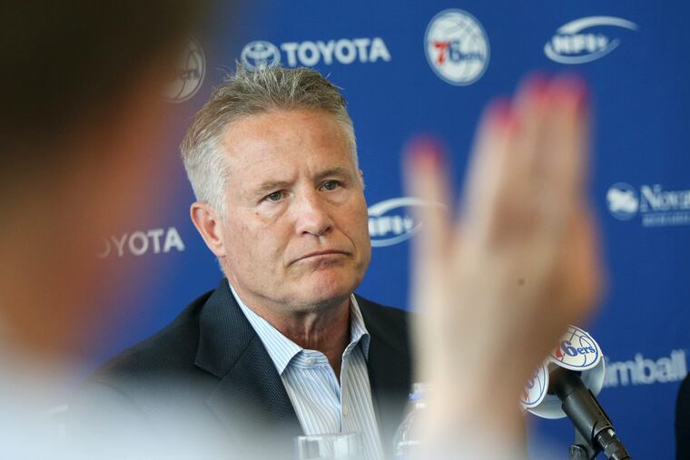 The Sixers' interim GM Brett Brown speaks during a news conference discussing the resignation of Bryan Colangelo on Thursday at the Sixers' facility in Camden, N.J.