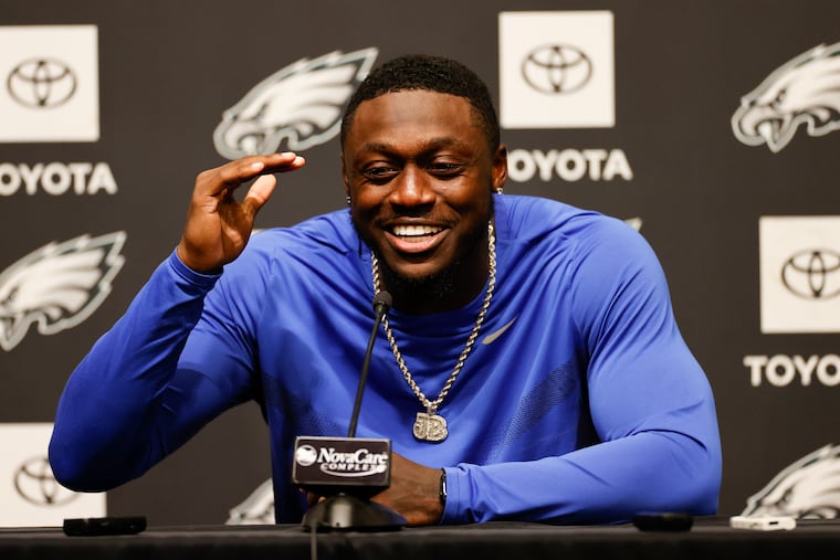 Eagles wide receiver A.J. Brown smiles while meeting the media after practice at the NovaCare Complex in South Philadelphia on Monday, August 29, 2022.