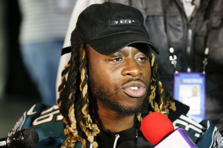 Eagles running back Jay Ajayi answers questions during the Eagles media availability on Wednesday, January 31, 2018 at the Mall of America in Bloomington, Minn.