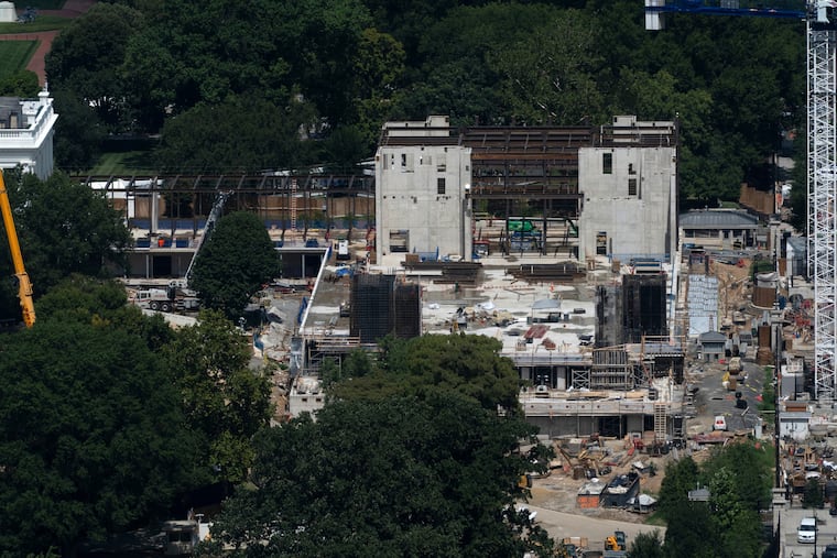 The new White House ballroom under construction, built on the demolished East Wing, is pictured, as seen from the Washington Monument, Sunday, August. 23, 2026, in Washington.
