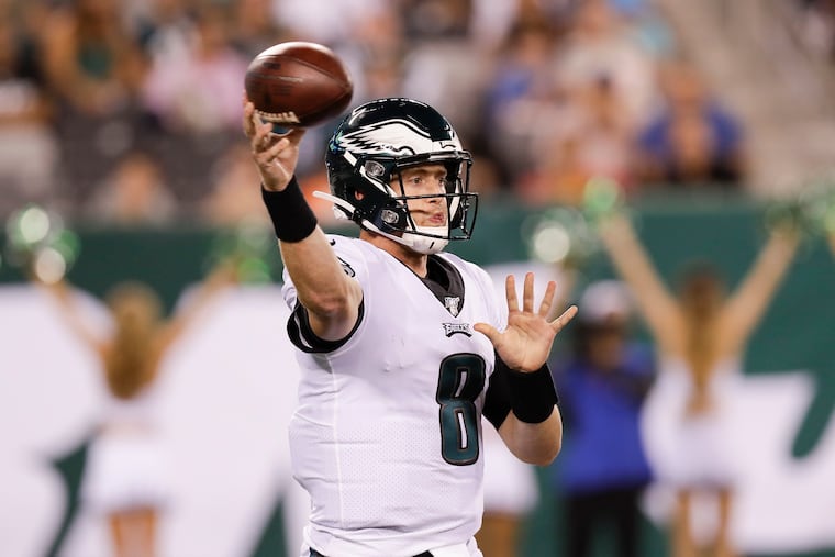 Quarterback Clayton Thorson struggled to get the Eagles' offense moving in the preseason finale against the Jets Thursday night. He completed 12 of 26 passes for just 84 yards and an interception.