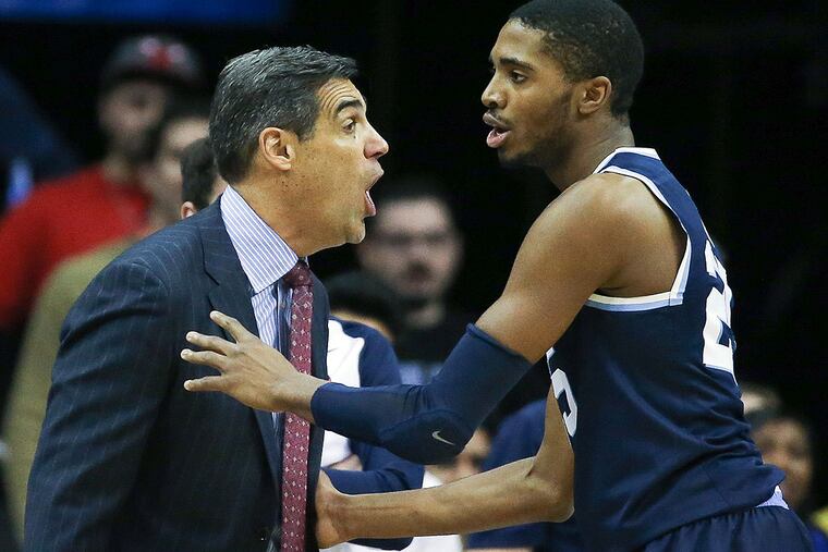 Villanova Wildcats head coach Jay Wright reacts in front of Villanova Wildcats guard Mikal Bridges (25) in their game Seton Hall Pirates at Prudential Center. Villanova won, 72-71.