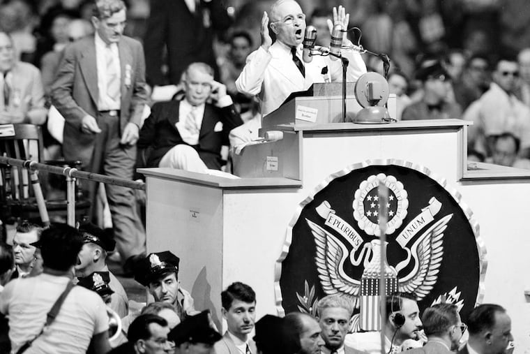 President Harry S. Truman is shown during his acceptance speech at the Democratic National Convention in Philadelphia, July 15, 1948. (AP Photo)