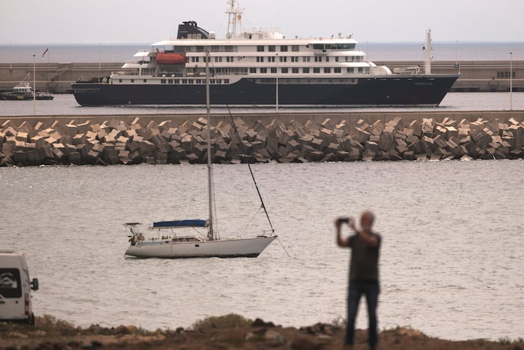 The hantavirus-stricken cruise ship MV Hondius is seen at anchor Monday at the port of Granadilla in Tenerife in the Canary Islands.