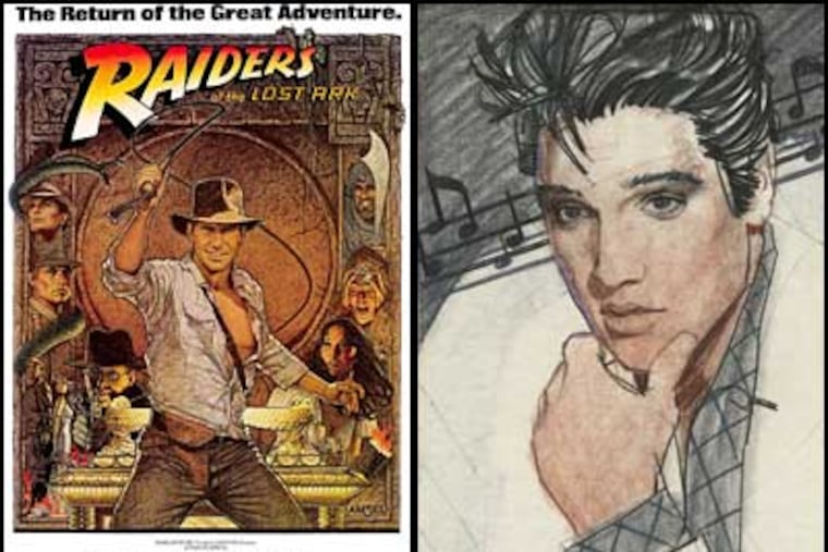 Richard Amsel produced iconic images such as the movie poster for "Raiders of the Lost Ark" (left) and an illustration of Elvis Presley for the cover of "TV Guide" (right).