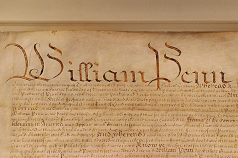 An original 1701 Pennsylvania Charter of Privileges drawn up by William Penn to serve as a "frame of government," or constitution, for the Province of Pennsylvania. (Clem Murray / Inquirer)