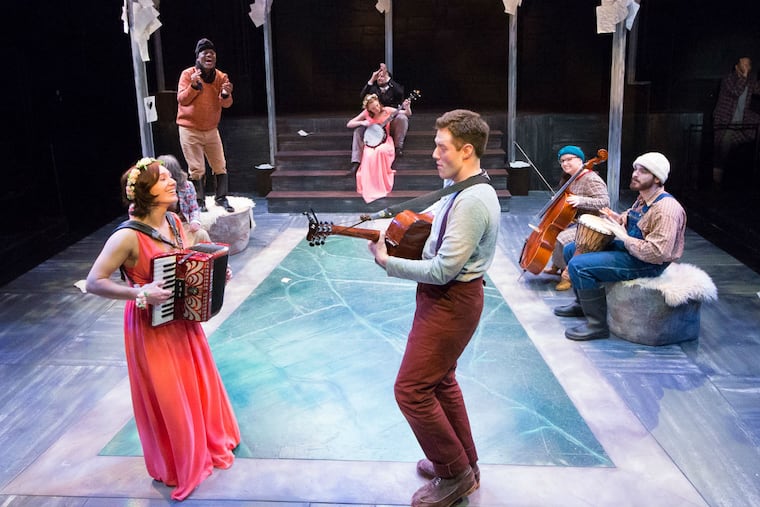 Liz Filios (Rosalind), J Hernandez (Touchstone), Kirk Wendell Brown (Duke), Ruby Wolf (Celia), Adam Altman (Oliver), Jake Blouch (Orlando), Meghan Winch (Phebe), Chris Anthony (Silvius), and Frank X (Jaques) in Lantern Theater Company's production of "As You Like It," on stage now through April 17, 2016. Photo: Mark Garvin