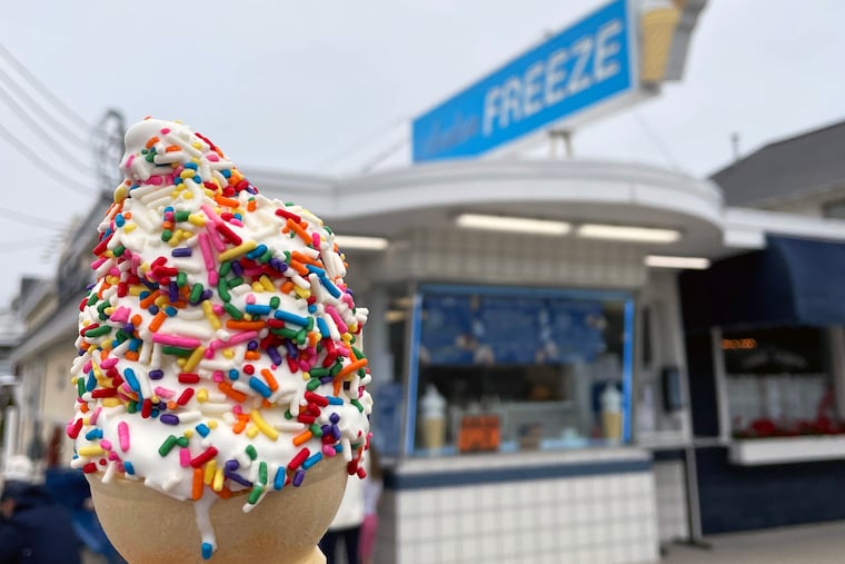 A soft serve ice cream with rainbow sprinkles at Avalon Freeze.