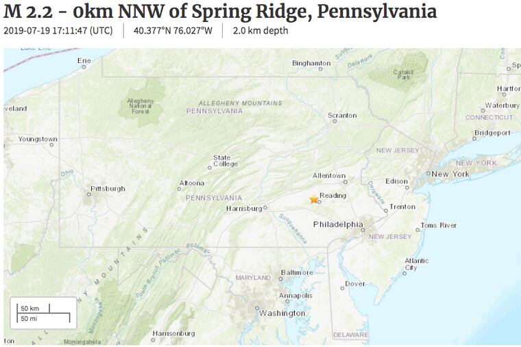 A U.S. Geological Survey map shows the location of a 2.2 magnitude earthquake in Berks County on July 19, 2019.