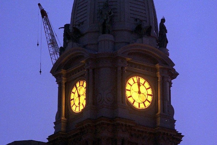 The clocks atop City Hall were out of synch in 1995. In 1969, the east face was one hour and 15 minutes behind.