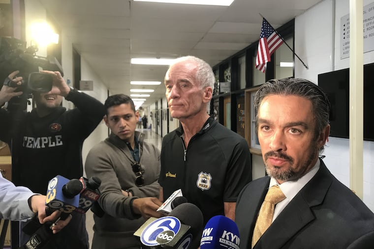 Upper Darby Police Chief Mike Chitwood, left, and Acting Assistant Superintendent of Schools Daniel McGarry, moments after a student carrying a toy gun in his pants forced a lockdown of Upper Darby High School on Thursday, Nov. 1, 2018.