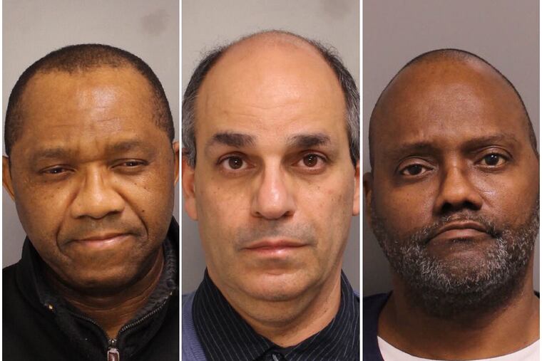 Dr. Emmanuel Okolo, left, Dr. Mohanad Fallouh, center, and Kent Hunter, right, are three of the four people charged in an alleged pill mill operation. Okolo and Fallouh, Flourtown physicians, allegedly wrote hundreds of fraudulent prescriptions for oxycodone and Xanax. A mug shot of Evelyn Smith, who also was arrested, was not available Tuesday.