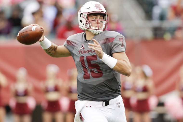 Temple quarterback Anthony Russo throws the football against East Carolina on Saturday, October 6, 2018. YONG KIM / Staff Photographer