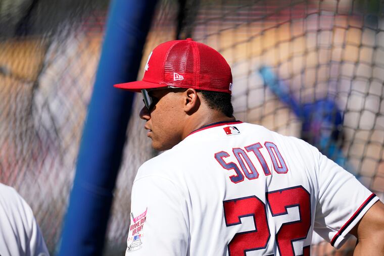 The Nationals' Juan Soto takes batting practice on Monday ahead of the All-Star Game on Tuesday in Los Angeles.
