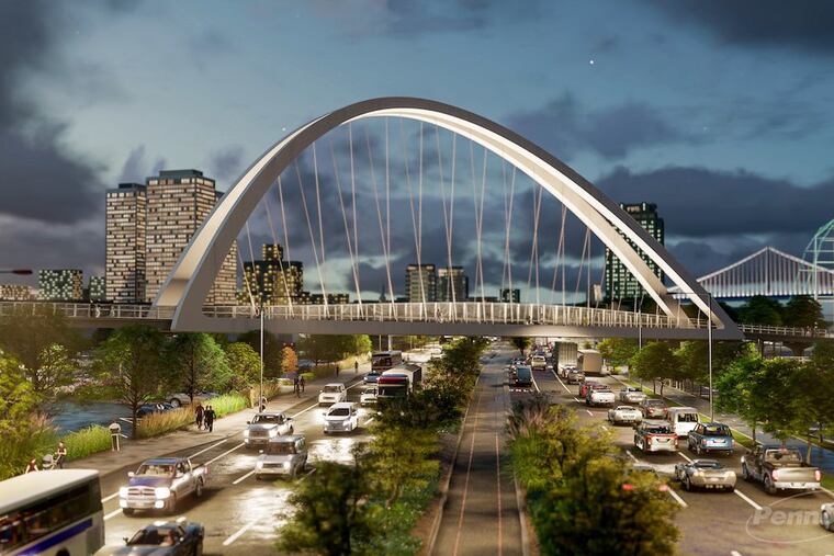 A rendering of the South Street Pedestrian Bridge extension as it will appear at night with its arch and handrail lighting on. Construction will begin in Spring 2026 and go through 2027, when the bridge will open to pedestrians and cyclists.