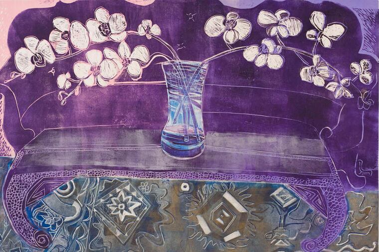 A woodblock print of orchids, from Idaherma's exhibition at Villanova University Art Gallery.