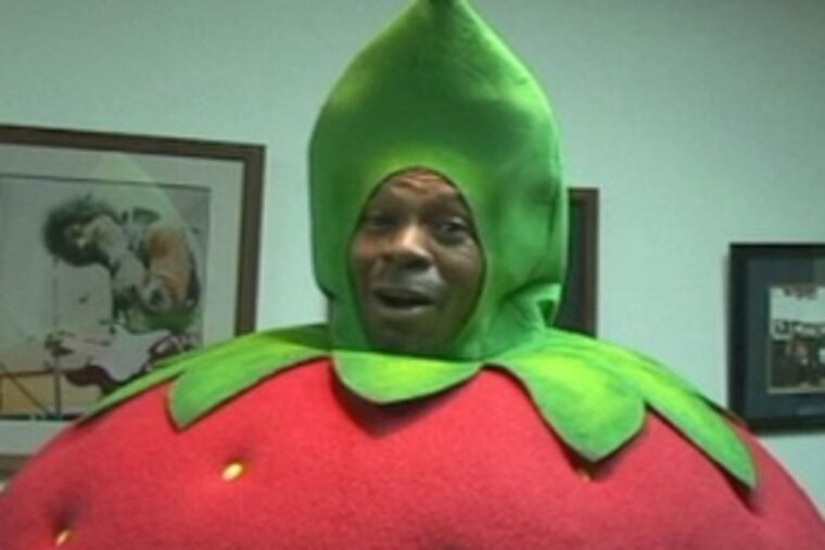 Philly's Kevin Eubanks, "America's sexiest vegetarian," dresses as a strawberry for an ad. (See "Briefly noted.")