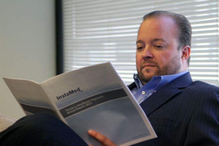 Bill Marvin, founder, CEO and president of InstaMed, sits on his couch
at the InstaMed offices, on John F. Kennedy Boulevard, in
Philadelphia, on Tuesday, June 4, 2013. InstaMed's online network
simplifies the health-care-payment process for hospitals, clinics and
practices. ( Stephanie Aaronson / Staff Photographer )