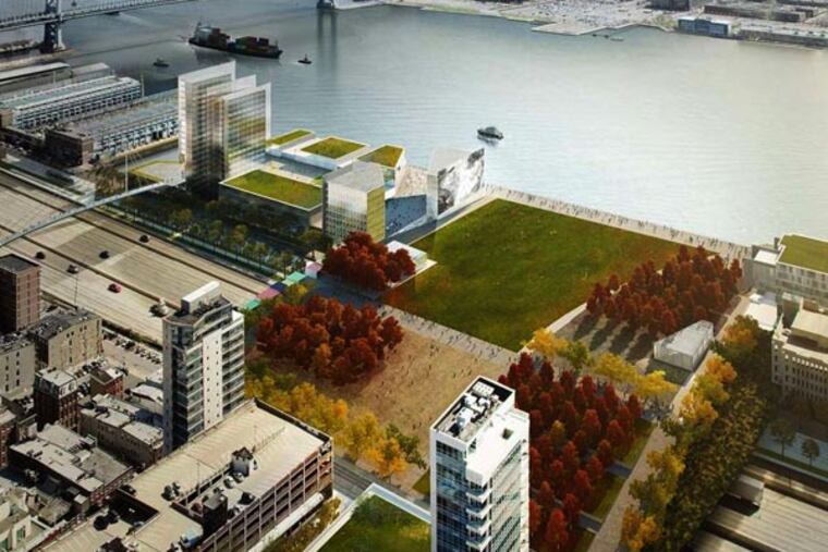 Penn's Landing Park, looking east, under a proposal by one of the four teams reviewed by the city. (KieranTimberlake/Brooklyn Digital Foundry)