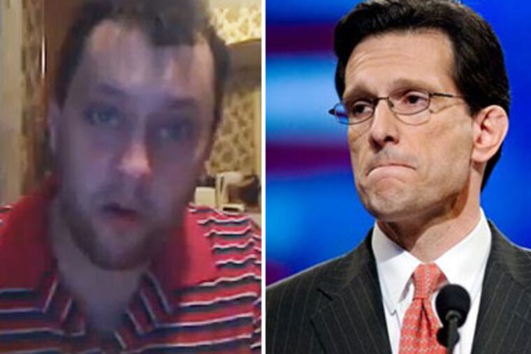 Norman Leboon, in a YouTube video (left), was arrested for threatening the lives of U.S. Rep. Eric Cantor of Virginia (right) and his family. (Photos: YouTube and AP)