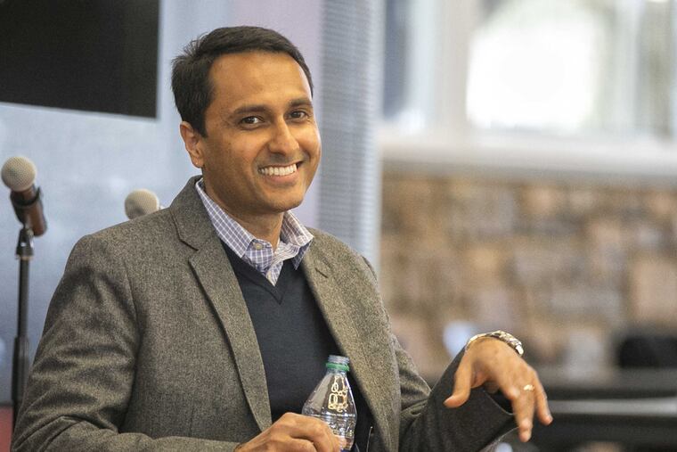 Eboo Patel, a leader in fostering interfaith collaboration, speaks to students and faculty at St. Joseph's University. Patel is an American Muslim who founded Interfaith Youth Core and served on President Obama's faith council. Here, Eboo Patel smiles after taking a seat at the conclusion of his talk. ED HILLE / Staff Photographer
