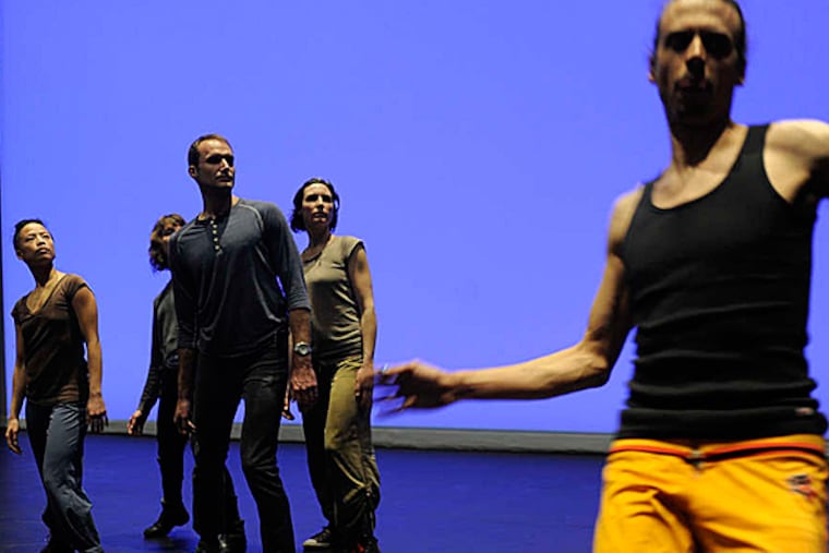 (From left) Michele Tantoco, Christina Gesualdi, Beau Hancock, Megan Bridge, Gregory Holt rehearse "Dust," set to Robert Ashley's opera. (TOM GRALISH/Staff Photographer)
