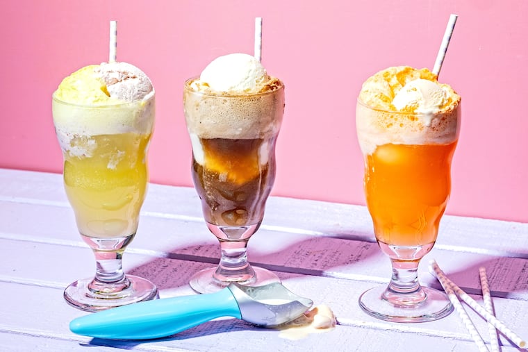 Strawberry ice cream and lime; vanilla ice cream and cola; and orange cream ice cream and orange soda floats.