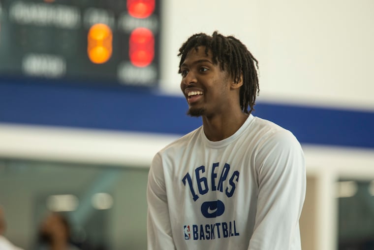 Tyrese Maxey (0), Point Guard for Philadelphia 76ers, working on free throws during practice at the Philadelphia 76ers Training Complex in Camden, N.J., on Tuesday, April 12, 2022.